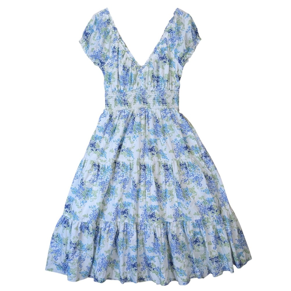 Abercrombie & Fitch Cottage Floral Smocked Tiered Midi Dress Size L Petite Blue